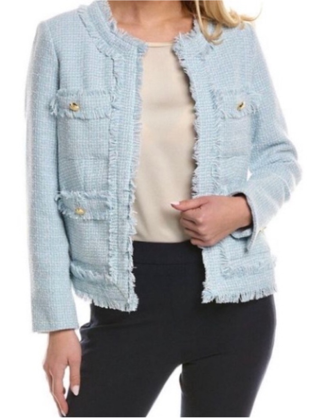 NWT Nanette Lepore Light Blue Tweed
Fringe Jacket Pearl Buttons. - Picture 6 of 10